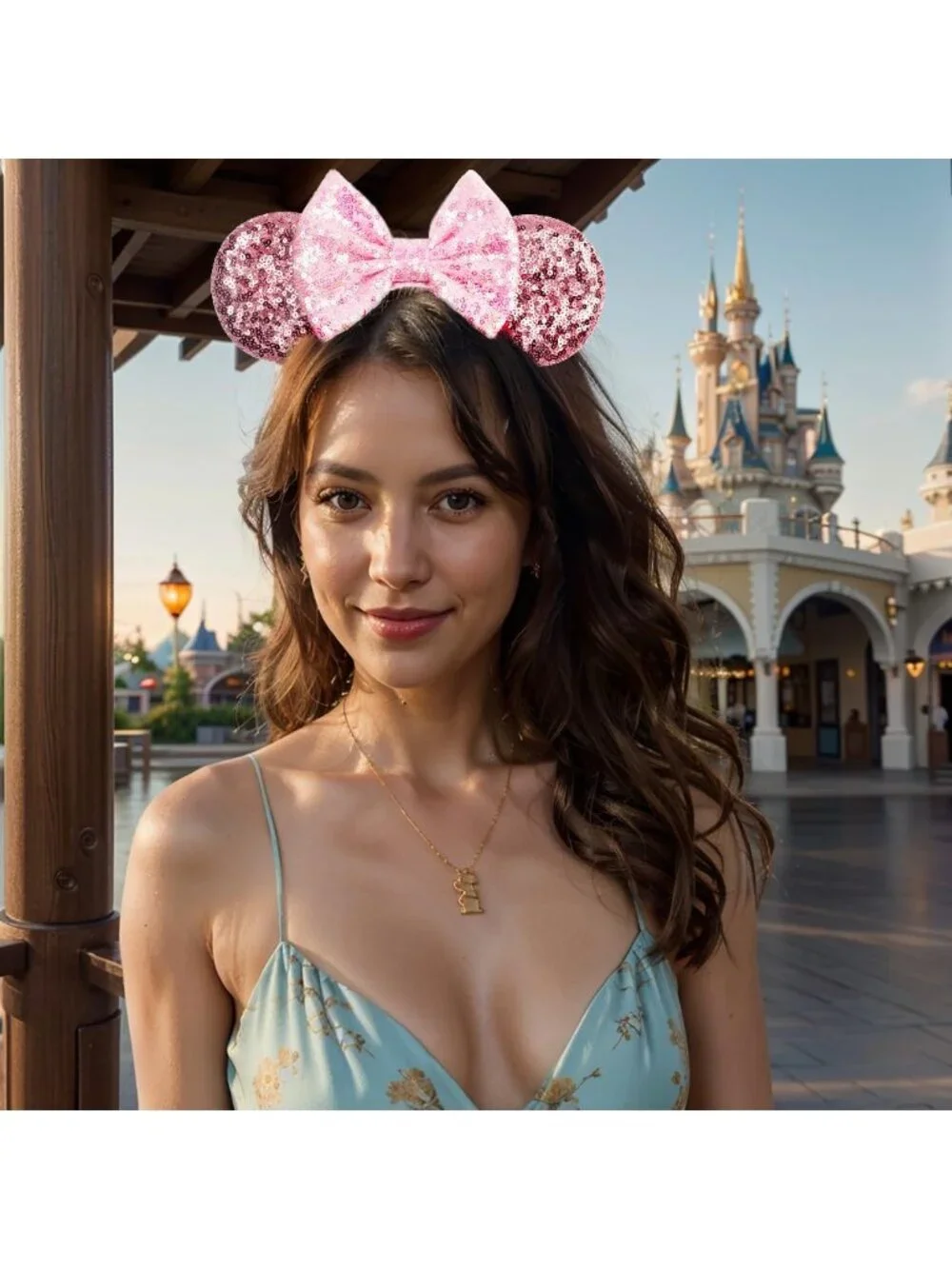 Women Sparkle Pink Polyester Sequins Mickey Mouse Hair Bow Handmade Headband